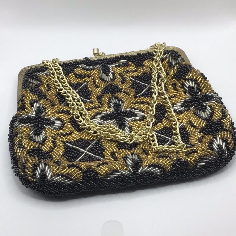 Beaded Floral Evening Crossbody Bag in Black & Gold